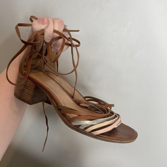 Madewell Brown Leather Block Heel Lace Up Sandal Size 6.5 - Picture 1 of 7